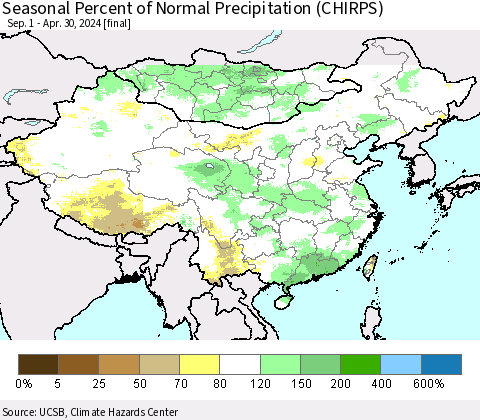 China, Mongolia and Taiwan Seasonal Percent of Normal Precipitation (CHIRPS) Thematic Map For 9/1/2023 - 4/30/2024