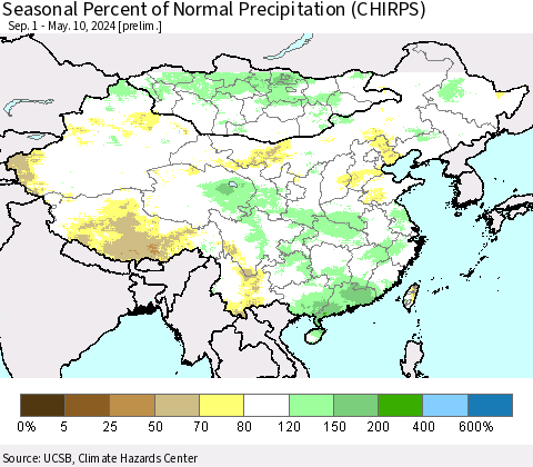 China, Mongolia and Taiwan Seasonal Percent of Normal Precipitation (CHIRPS) Thematic Map For 9/1/2023 - 5/10/2024