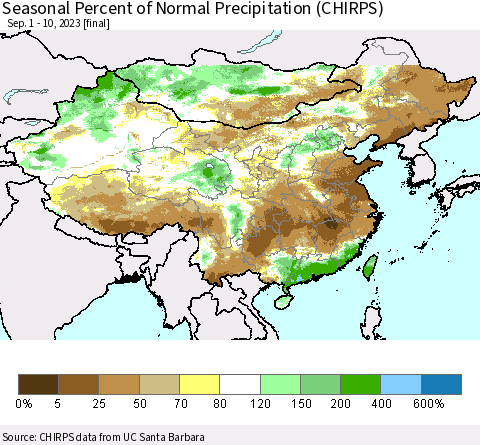 China, Mongolia and Taiwan Seasonal Percent of Normal Precipitation (CHIRPS) Thematic Map For 9/1/2023 - 9/10/2023