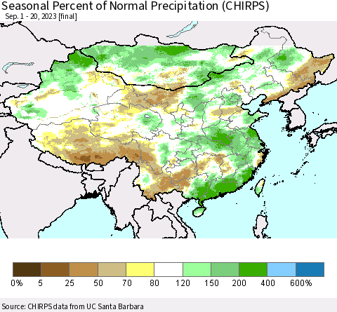China, Mongolia and Taiwan Seasonal Percent of Normal Precipitation (CHIRPS) Thematic Map For 9/1/2023 - 9/20/2023