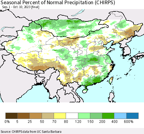 China, Mongolia and Taiwan Seasonal Percent of Normal Precipitation (CHIRPS) Thematic Map For 9/1/2023 - 10/10/2023