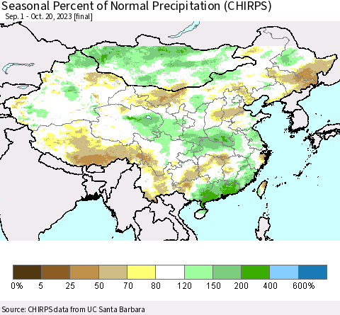 China, Mongolia and Taiwan Seasonal Percent of Normal Precipitation (CHIRPS) Thematic Map For 9/1/2023 - 10/20/2023