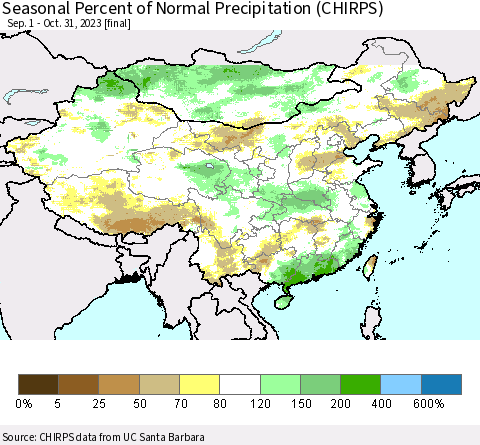 China, Mongolia and Taiwan Seasonal Percent of Normal Precipitation (CHIRPS) Thematic Map For 9/1/2023 - 10/31/2023