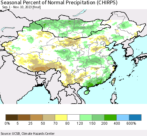 China, Mongolia and Taiwan Seasonal Percent of Normal Precipitation (CHIRPS) Thematic Map For 9/1/2023 - 11/10/2023