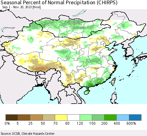 China, Mongolia and Taiwan Seasonal Percent of Normal Precipitation (CHIRPS) Thematic Map For 9/1/2023 - 11/20/2023