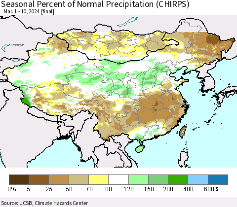 China, Mongolia and Taiwan Seasonal Percent of Normal Precipitation (CHIRPS) Thematic Map For 3/1/2024 - 3/10/2024
