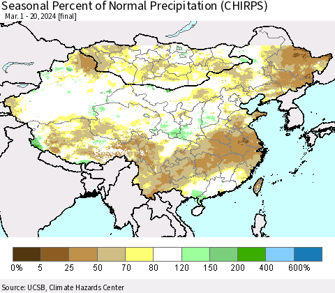 China, Mongolia and Taiwan Seasonal Percent of Normal Precipitation (CHIRPS) Thematic Map For 3/1/2024 - 3/20/2024