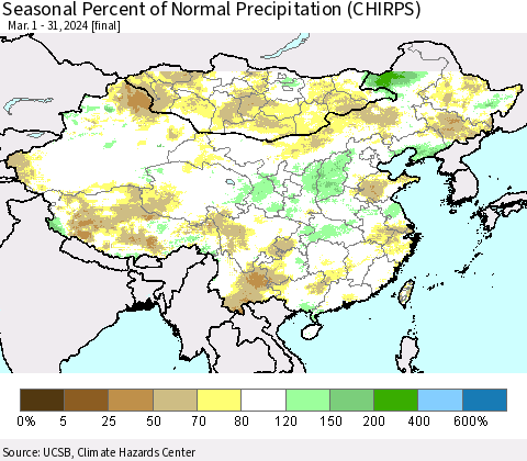 China, Mongolia and Taiwan Seasonal Percent of Normal Precipitation (CHIRPS) Thematic Map For 3/1/2024 - 3/31/2024