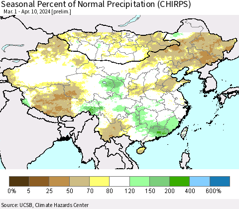 China, Mongolia and Taiwan Seasonal Percent of Normal Precipitation (CHIRPS) Thematic Map For 3/1/2024 - 4/10/2024