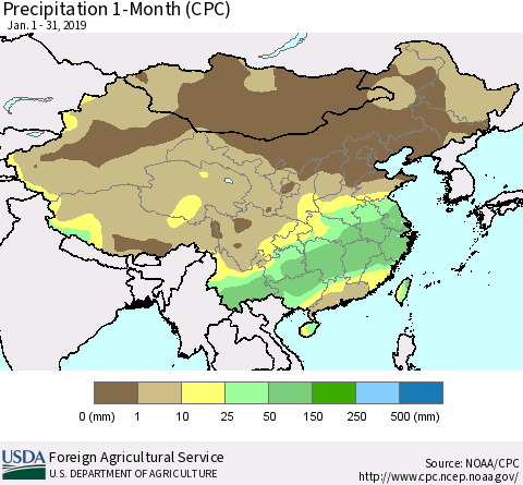 China and Taiwan Precipitation 1-Month (CPC) Thematic Map For 1/1/2019 - 1/31/2019