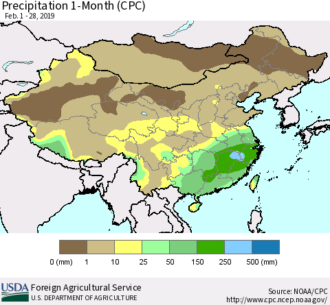 China and Taiwan Precipitation 1-Month (CPC) Thematic Map For 2/1/2019 - 2/28/2019