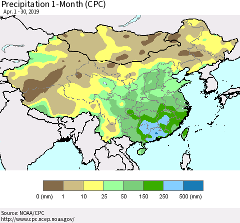 China, Mongolia and Taiwan Precipitation 1-Month (CPC) Thematic Map For 4/1/2019 - 4/30/2019