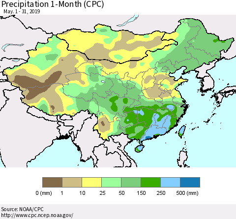 China and Taiwan Precipitation 1-Month (CPC) Thematic Map For 5/1/2019 - 5/31/2019