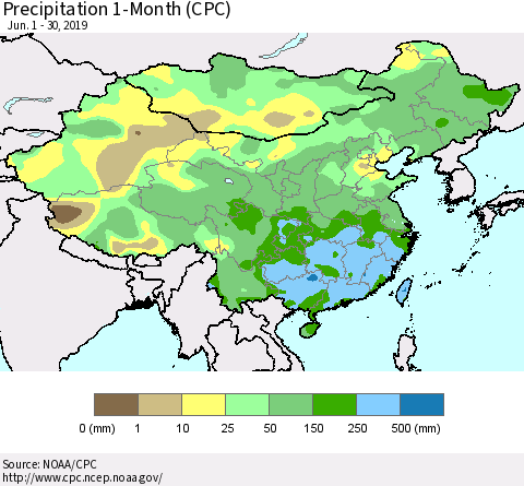China and Taiwan Precipitation 1-Month (CPC) Thematic Map For 6/1/2019 - 6/30/2019