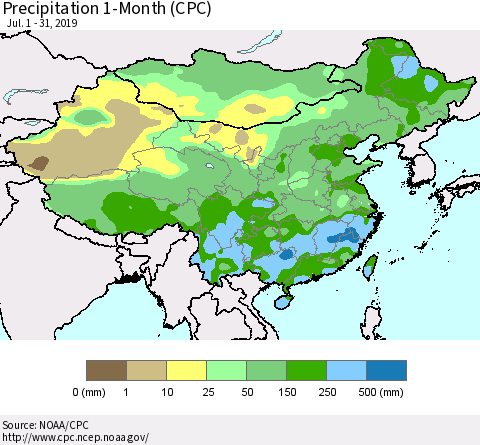 China, Mongolia and Taiwan Precipitation 1-Month (CPC) Thematic Map For 7/1/2019 - 7/31/2019