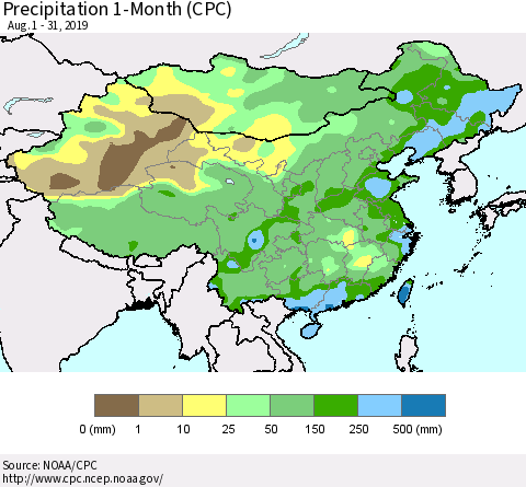 China and Taiwan Precipitation 1-Month (CPC) Thematic Map For 8/1/2019 - 8/31/2019