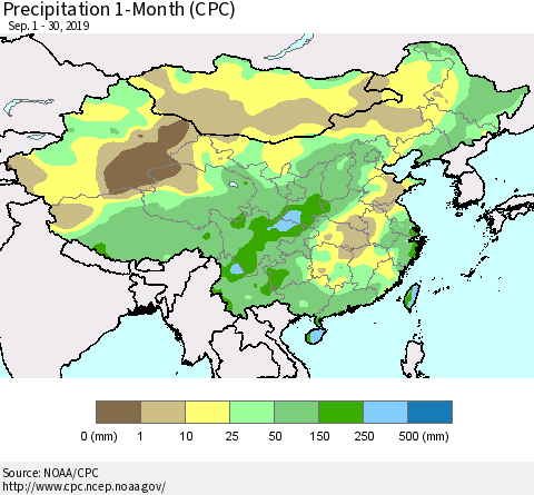 China and Taiwan Precipitation 1-Month (CPC) Thematic Map For 9/1/2019 - 9/30/2019