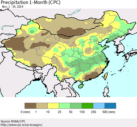 China and Taiwan Precipitation 1-Month (CPC) Thematic Map For 11/1/2019 - 11/30/2019