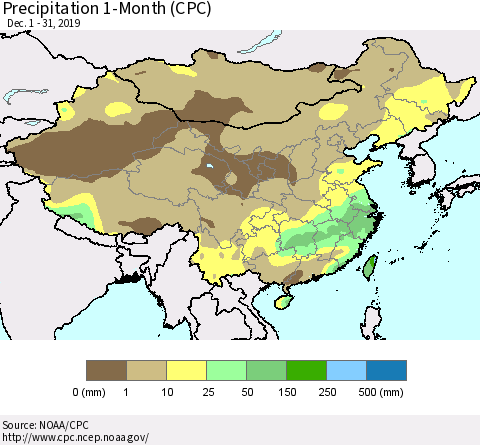 China, Mongolia and Taiwan Precipitation 1-Month (CPC) Thematic Map For 12/1/2019 - 12/31/2019
