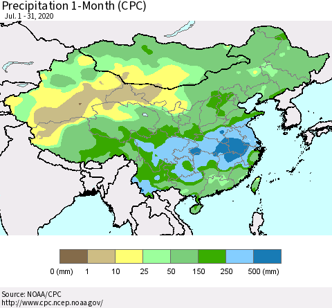 China, Mongolia and Taiwan Precipitation 1-Month (CPC) Thematic Map For 7/1/2020 - 7/31/2020