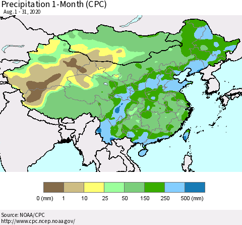 China, Mongolia and Taiwan Precipitation 1-Month (CPC) Thematic Map For 8/1/2020 - 8/31/2020