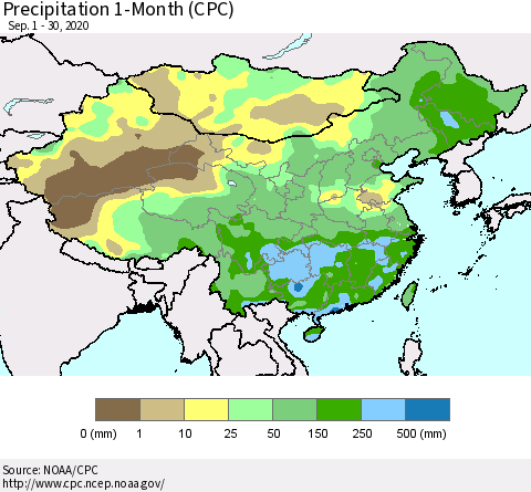 China, Mongolia and Taiwan Precipitation 1-Month (CPC) Thematic Map For 9/1/2020 - 9/30/2020