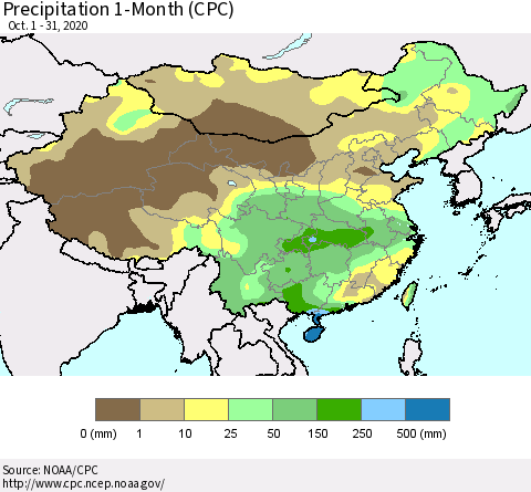China, Mongolia and Taiwan Precipitation 1-Month (CPC) Thematic Map For 10/1/2020 - 10/31/2020