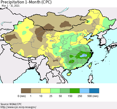 China, Mongolia and Taiwan Precipitation 1-Month (CPC) Thematic Map For 3/1/2021 - 3/31/2021