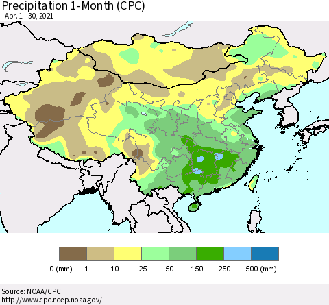 China, Mongolia and Taiwan Precipitation 1-Month (CPC) Thematic Map For 4/1/2021 - 4/30/2021