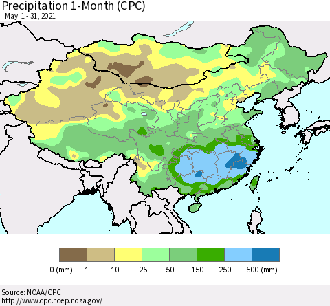 China, Mongolia and Taiwan Precipitation 1-Month (CPC) Thematic Map For 5/1/2021 - 5/31/2021