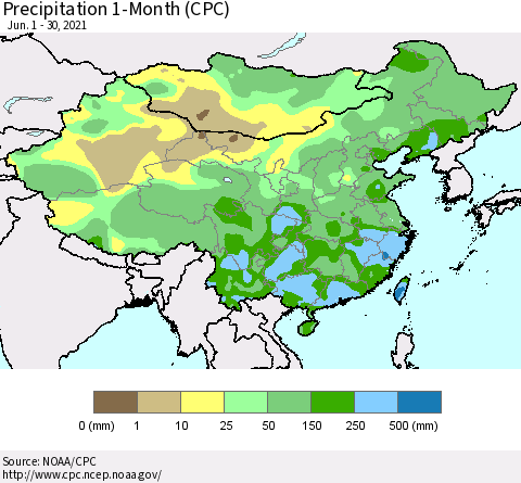 China, Mongolia and Taiwan Precipitation 1-Month (CPC) Thematic Map For 6/1/2021 - 6/30/2021