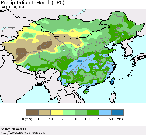 China, Mongolia and Taiwan Precipitation 1-Month (CPC) Thematic Map For 8/1/2021 - 8/31/2021