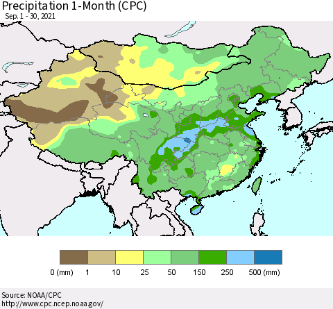 China, Mongolia and Taiwan Precipitation 1-Month (CPC) Thematic Map For 9/1/2021 - 9/30/2021