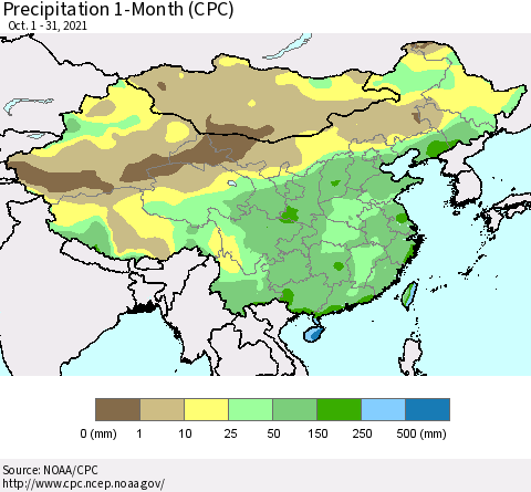 China, Mongolia and Taiwan Precipitation 1-Month (CPC) Thematic Map For 10/1/2021 - 10/31/2021