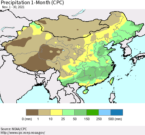 China, Mongolia and Taiwan Precipitation 1-Month (CPC) Thematic Map For 11/1/2021 - 11/30/2021