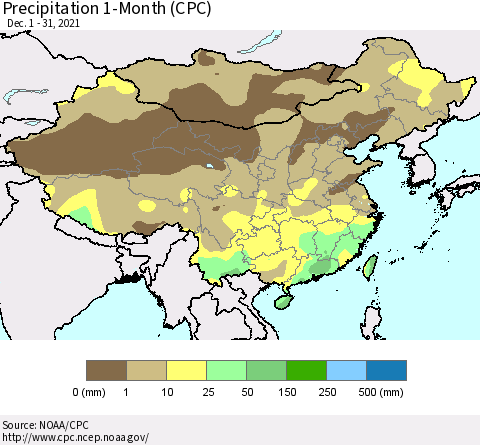 China, Mongolia and Taiwan Precipitation 1-Month (CPC) Thematic Map For 12/1/2021 - 12/31/2021