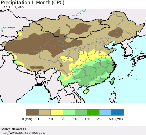 China, Mongolia and Taiwan Precipitation 1-Month (CPC) Thematic Map For 1/1/2022 - 1/31/2022