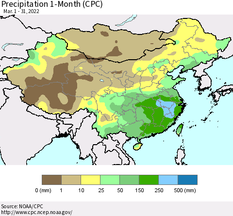 China, Mongolia and Taiwan Precipitation 1-Month (CPC) Thematic Map For 3/1/2022 - 3/31/2022
