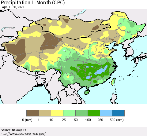 China, Mongolia and Taiwan Precipitation 1-Month (CPC) Thematic Map For 4/1/2022 - 4/30/2022