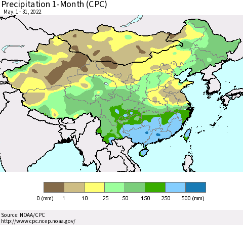 China, Mongolia and Taiwan Precipitation 1-Month (CPC) Thematic Map For 5/1/2022 - 5/31/2022