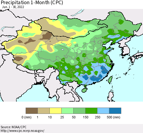 China, Mongolia and Taiwan Precipitation 1-Month (CPC) Thematic Map For 6/1/2022 - 6/30/2022
