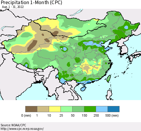 China, Mongolia and Taiwan Precipitation 1-Month (CPC) Thematic Map For 8/1/2022 - 8/31/2022