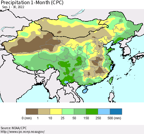 China, Mongolia and Taiwan Precipitation 1-Month (CPC) Thematic Map For 9/1/2022 - 9/30/2022