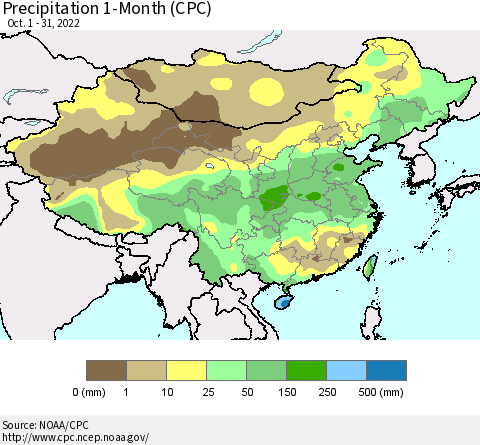 China, Mongolia and Taiwan Precipitation 1-Month (CPC) Thematic Map For 10/1/2022 - 10/31/2022