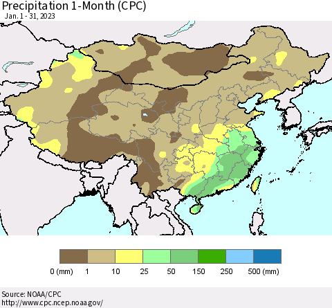 China, Mongolia and Taiwan Precipitation 1-Month (CPC) Thematic Map For 1/1/2023 - 1/31/2023