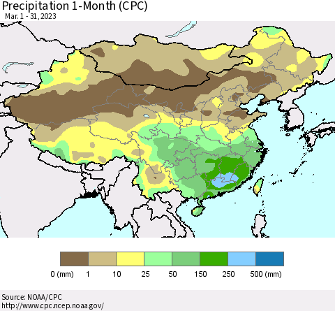 China, Mongolia and Taiwan Precipitation 1-Month (CPC) Thematic Map For 3/1/2023 - 3/31/2023