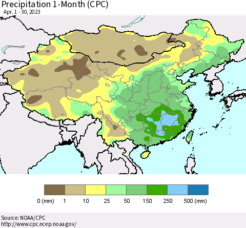 China, Mongolia and Taiwan Precipitation 1-Month (CPC) Thematic Map For 4/1/2023 - 4/30/2023