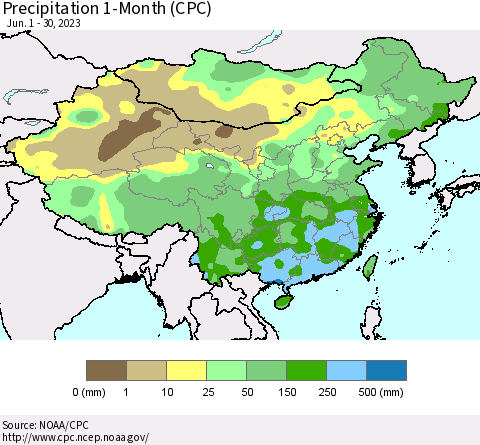 China, Mongolia and Taiwan Precipitation 1-Month (CPC) Thematic Map For 6/1/2023 - 6/30/2023