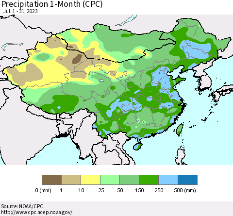 China, Mongolia and Taiwan Precipitation 1-Month (CPC) Thematic Map For 7/1/2023 - 7/31/2023