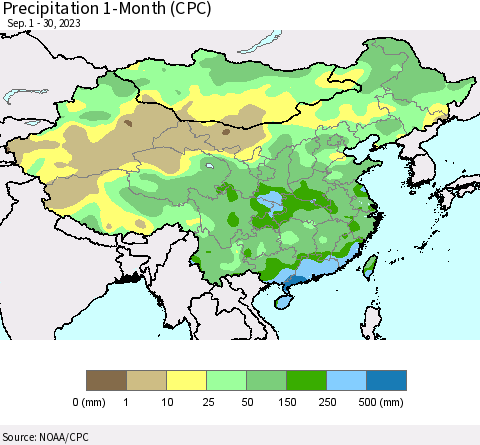 China, Mongolia and Taiwan Precipitation 1-Month (CPC) Thematic Map For 9/1/2023 - 9/30/2023